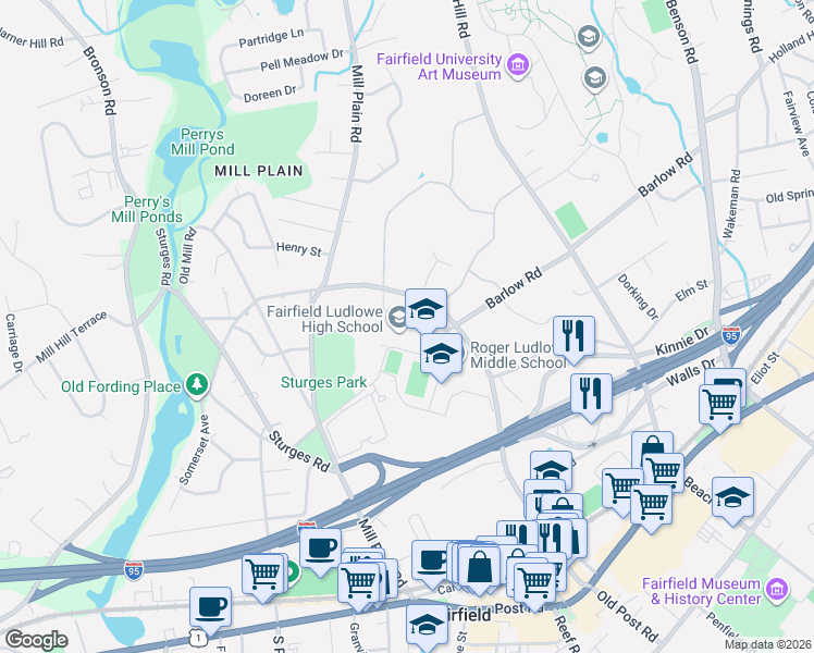 map of restaurants, bars, coffee shops, grocery stores, and more near 785 Unquowa Road in Fairfield