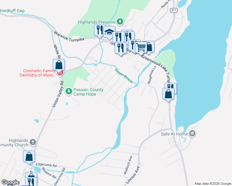 map of restaurants, bars, coffee shops, grocery stores, and more near 62 Greenbrook Drive in West Milford