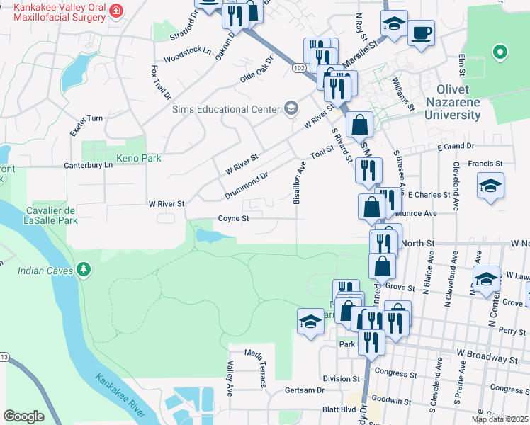 map of restaurants, bars, coffee shops, grocery stores, and more near 427 Coyne Street in Bourbonnais