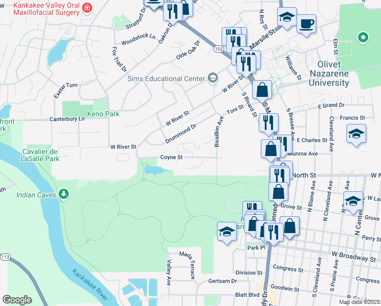 map of restaurants, bars, coffee shops, grocery stores, and more near 563 Coyne Street in Bourbonnais