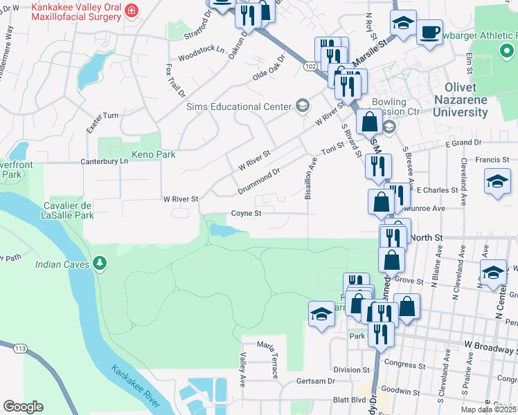 map of restaurants, bars, coffee shops, grocery stores, and more near 563 Coyne Street in Bourbonnais