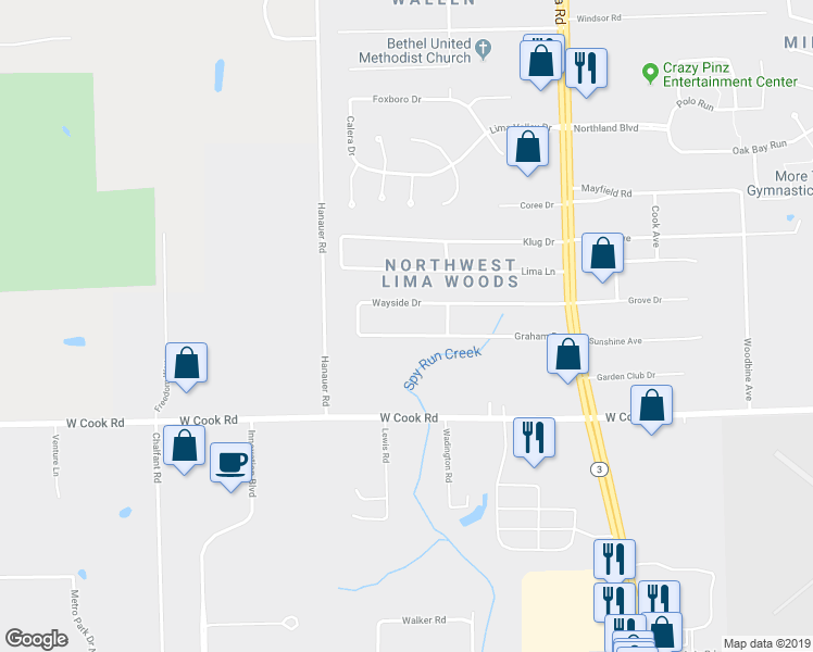 map of restaurants, bars, coffee shops, grocery stores, and more near 2210 Graham Drive in Fort Wayne