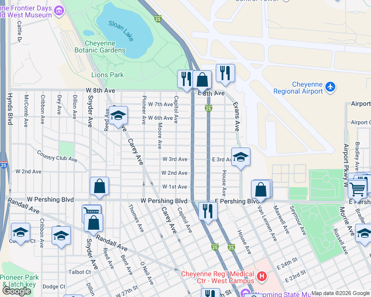 map of restaurants, bars, coffee shops, grocery stores, and more near 107 West 4th Avenue in Cheyenne