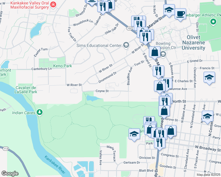 map of restaurants, bars, coffee shops, grocery stores, and more near 563 Coyne Street in Bourbonnais