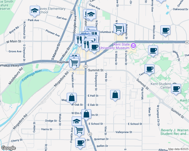 map of restaurants, bars, coffee shops, grocery stores, and more near 520 South Depeyster Street in Kent