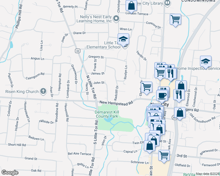 map of restaurants, bars, coffee shops, grocery stores, and more near 24 John Street in New City