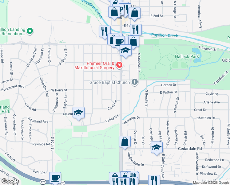 map of restaurants, bars, coffee shops, grocery stores, and more near 802 South Washington Street in Papillion