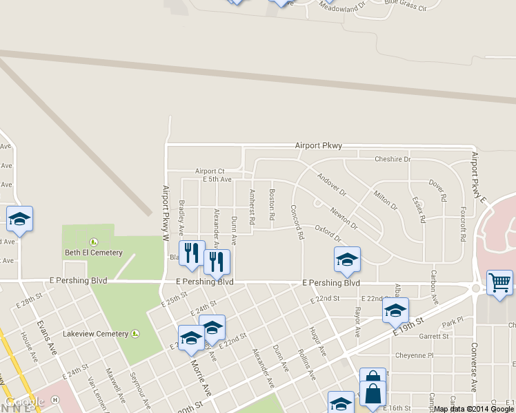 map of restaurants, bars, coffee shops, grocery stores, and more near 3533 Amherst Rd in Cheyenne