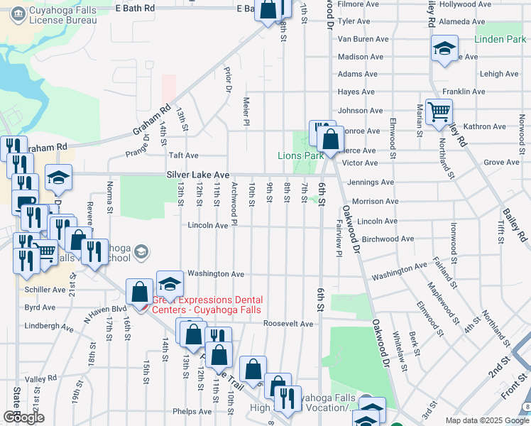 map of restaurants, bars, coffee shops, grocery stores, and more near 2822 9th Street in Cuyahoga Falls