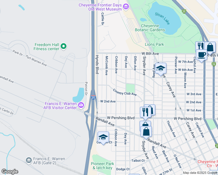 map of restaurants, bars, coffee shops, grocery stores, and more near 3547 McComb Avenue in Cheyenne