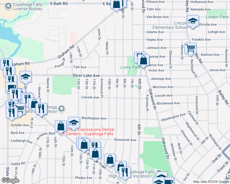 map of restaurants, bars, coffee shops, grocery stores, and more near 2822 9th Street in Cuyahoga Falls