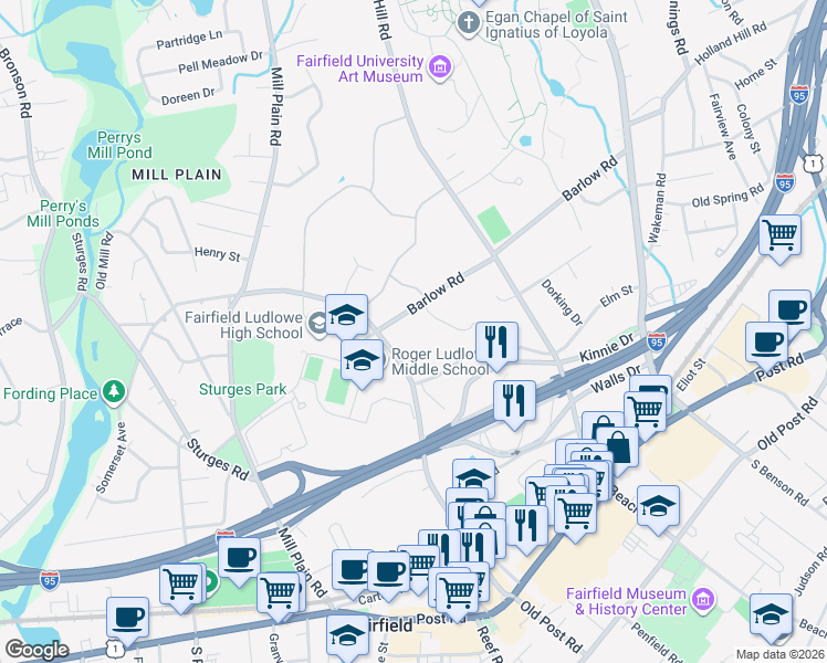 map of restaurants, bars, coffee shops, grocery stores, and more near 597 Barlow Road in Fairfield