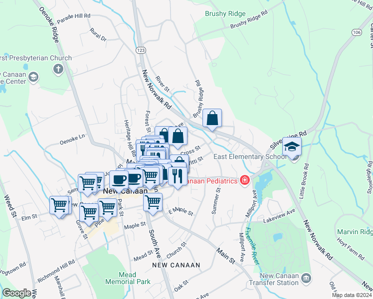 map of restaurants, bars, coffee shops, grocery stores, and more near 26 Cross Street in New Canaan