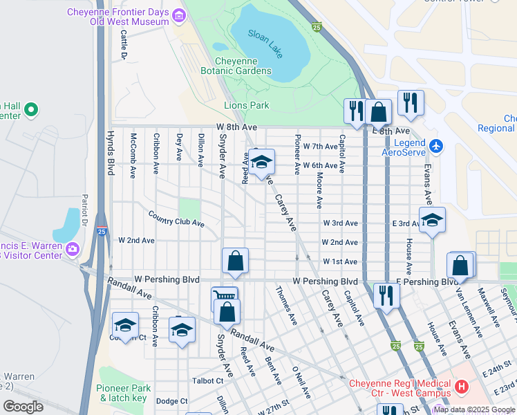 map of restaurants, bars, coffee shops, grocery stores, and more near 707 Frontier Park Avenue in Cheyenne
