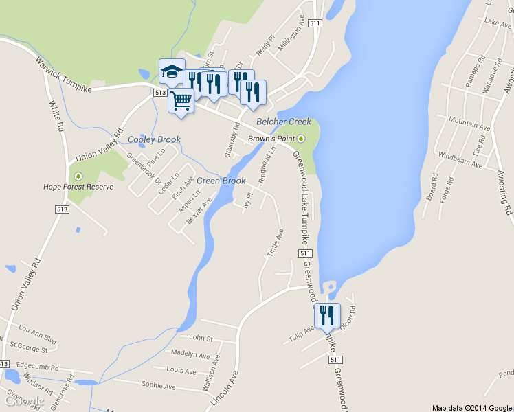 map of restaurants, bars, coffee shops, grocery stores, and more near 19 Quinty Place in West Milford