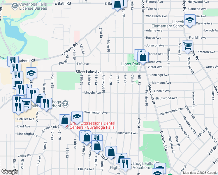 map of restaurants, bars, coffee shops, grocery stores, and more near 2822 10th Street in Cuyahoga Falls