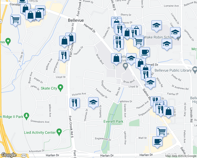 map of restaurants, bars, coffee shops, grocery stores, and more near 2106 Lloyd Street in Bellevue
