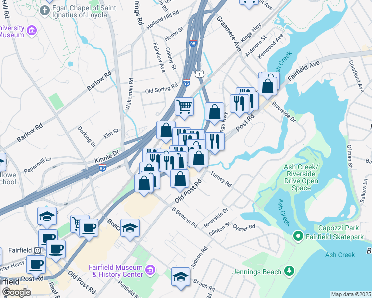 map of restaurants, bars, coffee shops, grocery stores, and more near 580 Post Road in Fairfield