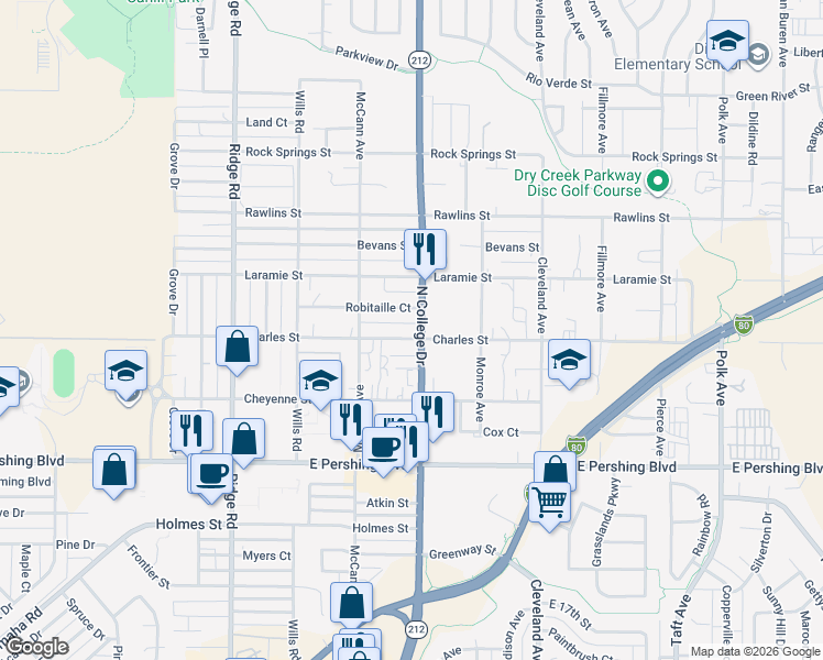 map of restaurants, bars, coffee shops, grocery stores, and more near 3914 Charles St in Cheyenne