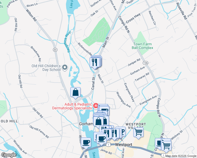 map of restaurants, bars, coffee shops, grocery stores, and more near 305 Main Street in Westport