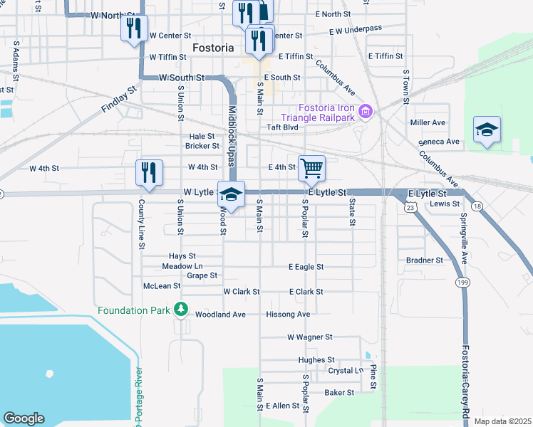 map of restaurants, bars, coffee shops, grocery stores, and more near 122 East 6th Street in Fostoria
