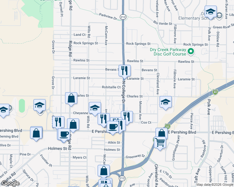 map of restaurants, bars, coffee shops, grocery stores, and more near 3914 Charles Street in Cheyenne