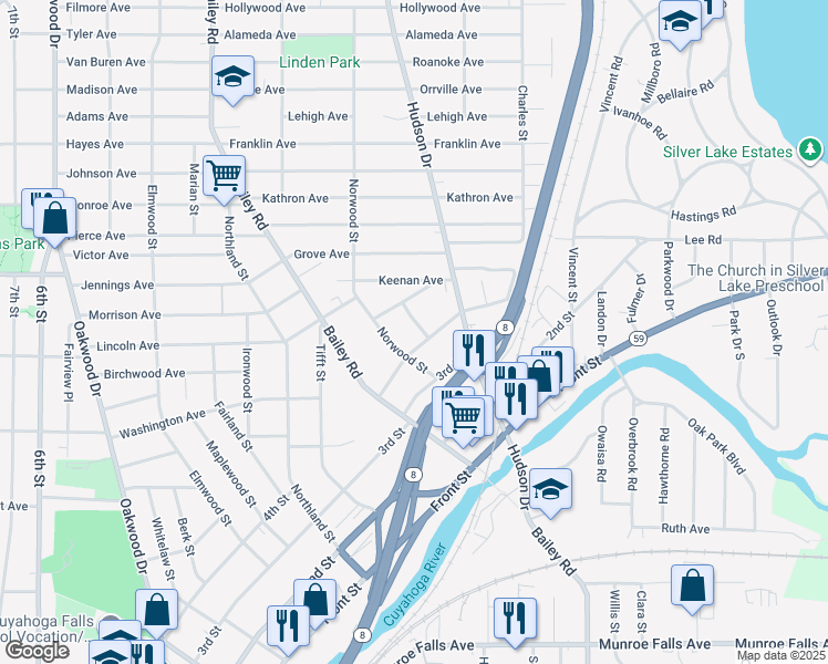 map of restaurants, bars, coffee shops, grocery stores, and more near 2806 Cora Street in Cuyahoga Falls