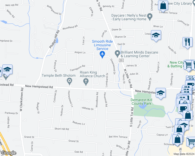 map of restaurants, bars, coffee shops, grocery stores, and more near 15 Hemptor Road in New City