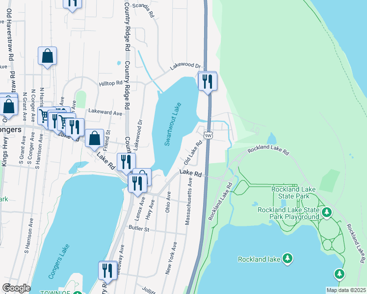 map of restaurants, bars, coffee shops, grocery stores, and more near 19 Old Lake Road in Congers