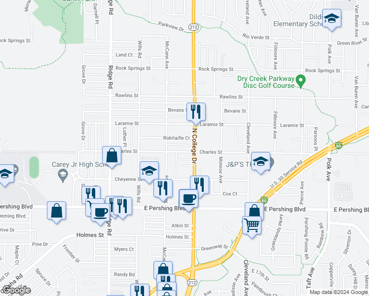 map of restaurants, bars, coffee shops, grocery stores, and more near 3906 Charles Street in Cheyenne