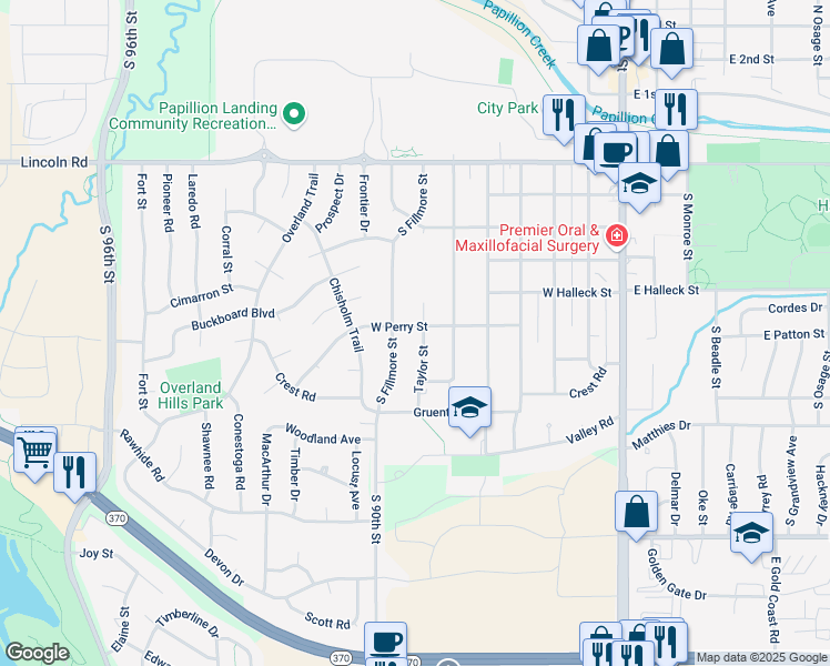 map of restaurants, bars, coffee shops, grocery stores, and more near 800 South Taylor Circle in Papillion