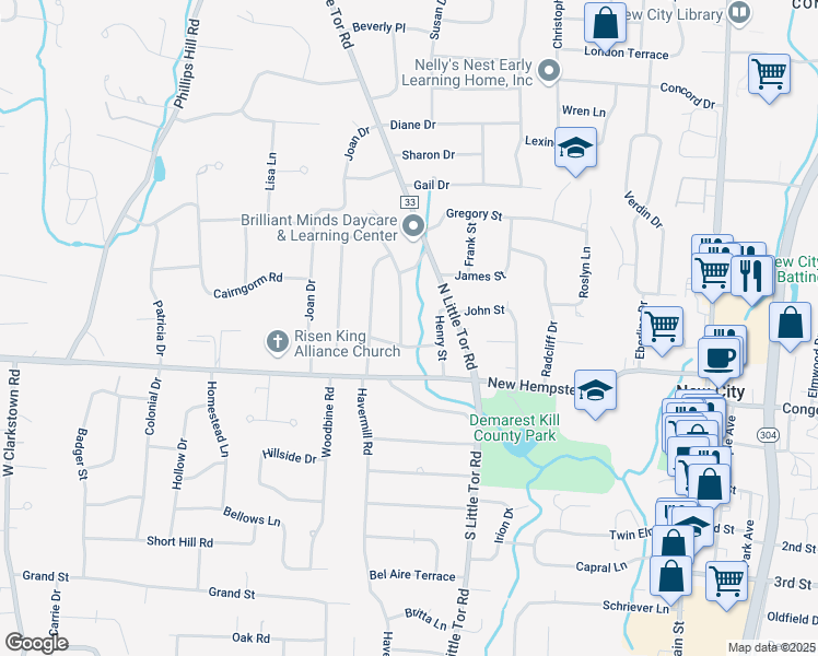 map of restaurants, bars, coffee shops, grocery stores, and more near 8 Greenwood Drive in New City
