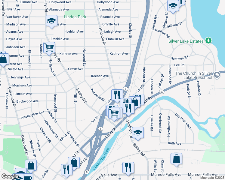map of restaurants, bars, coffee shops, grocery stores, and more near 2806 Hudson Drive in Cuyahoga Falls