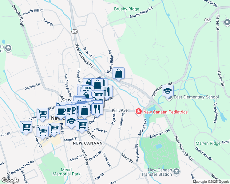 map of restaurants, bars, coffee shops, grocery stores, and more near 69 Summer Street in New Canaan