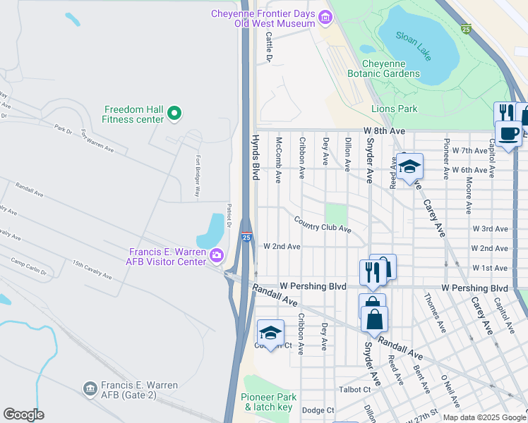 map of restaurants, bars, coffee shops, grocery stores, and more near 3583 Hynds Boulevard in Cheyenne