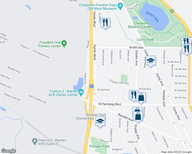 map of restaurants, bars, coffee shops, grocery stores, and more near 3583 Hynds Boulevard in Cheyenne