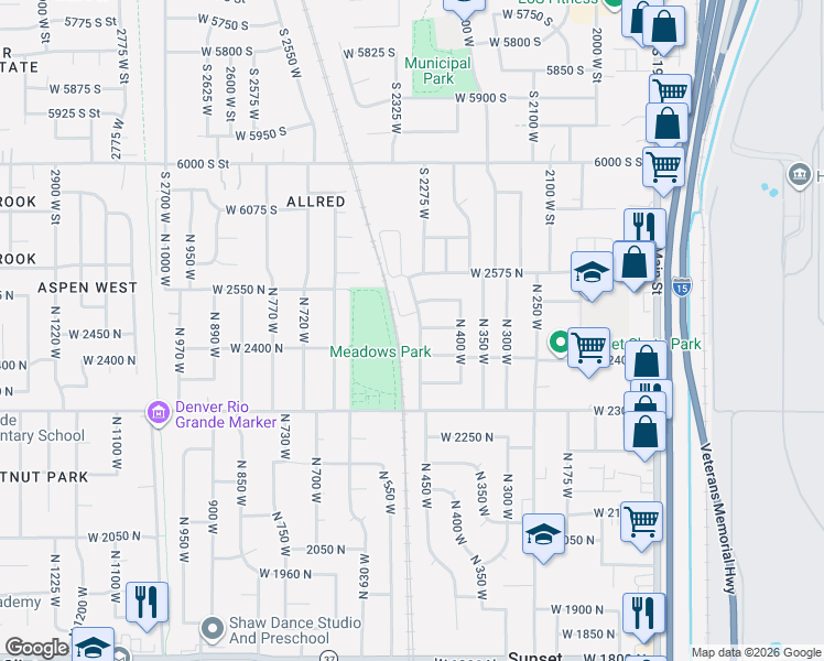 map of restaurants, bars, coffee shops, grocery stores, and more near 2446 North 475 West in Sunset