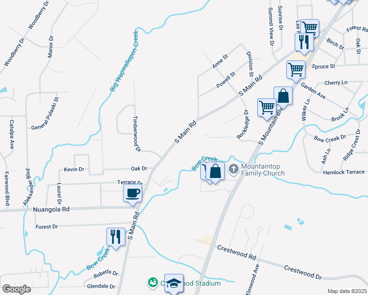 map of restaurants, bars, coffee shops, grocery stores, and more near 240 South Main Road in Mountain Top