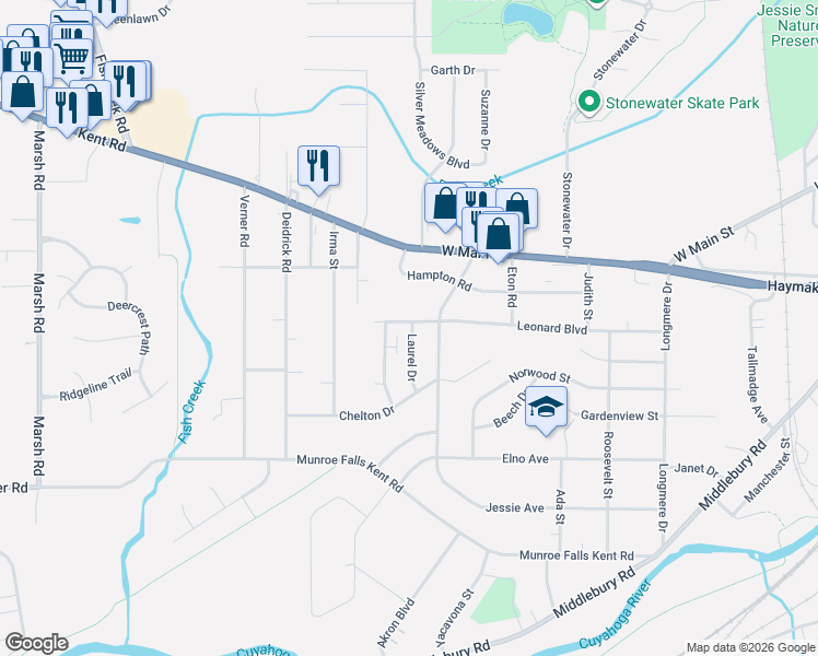 map of restaurants, bars, coffee shops, grocery stores, and more near 464 South Francis Street in Kent