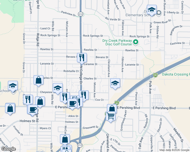 map of restaurants, bars, coffee shops, grocery stores, and more near 3599 Monroe Avenue in Cheyenne