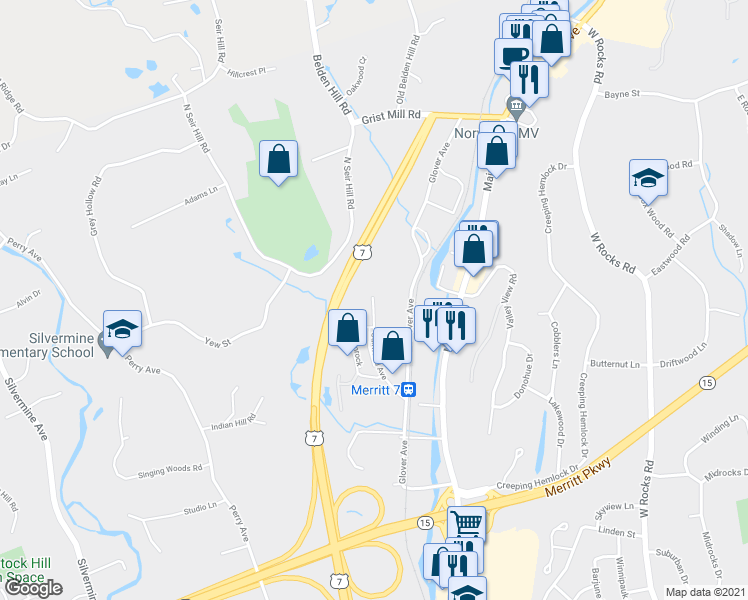 map of restaurants, bars, coffee shops, grocery stores, and more near 4 Oakwood Avenue in Norwalk