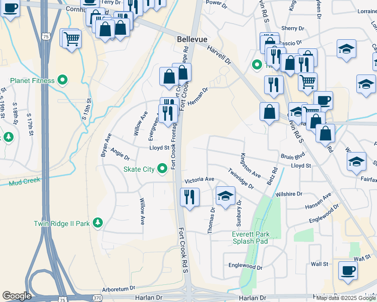 map of restaurants, bars, coffee shops, grocery stores, and more near 2311 Lloyd Street in Bellevue