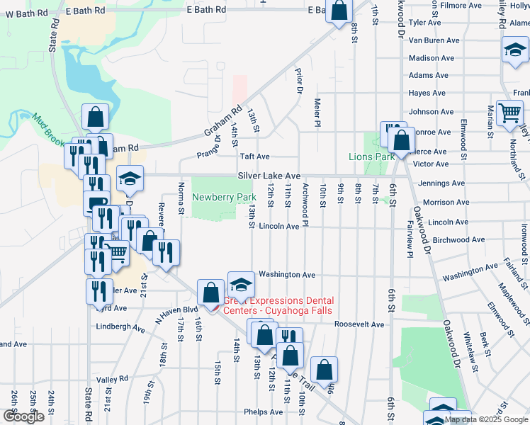 map of restaurants, bars, coffee shops, grocery stores, and more near 2822 12th St in Cuyahoga Falls