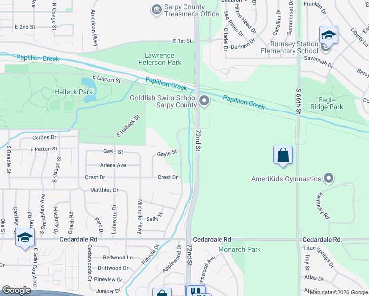map of restaurants, bars, coffee shops, grocery stores, and more near 1003 Patricia Drive in Papillion