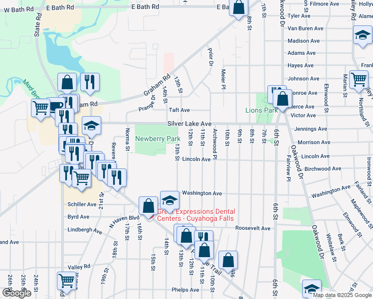 map of restaurants, bars, coffee shops, grocery stores, and more near 2822 12th Street in Cuyahoga Falls