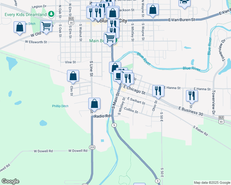 map of restaurants, bars, coffee shops, grocery stores, and more near 7005 South Main Street in Columbia City