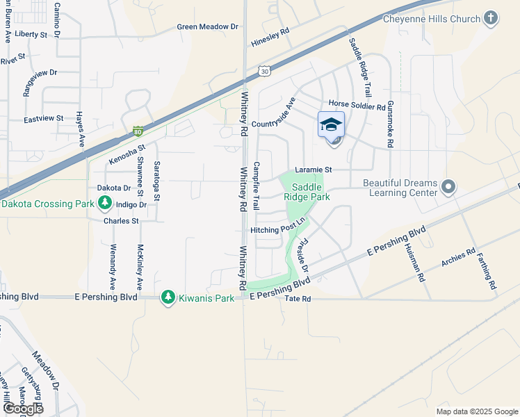 map of restaurants, bars, coffee shops, grocery stores, and more near 6502 Crossbow Trail in Cheyenne