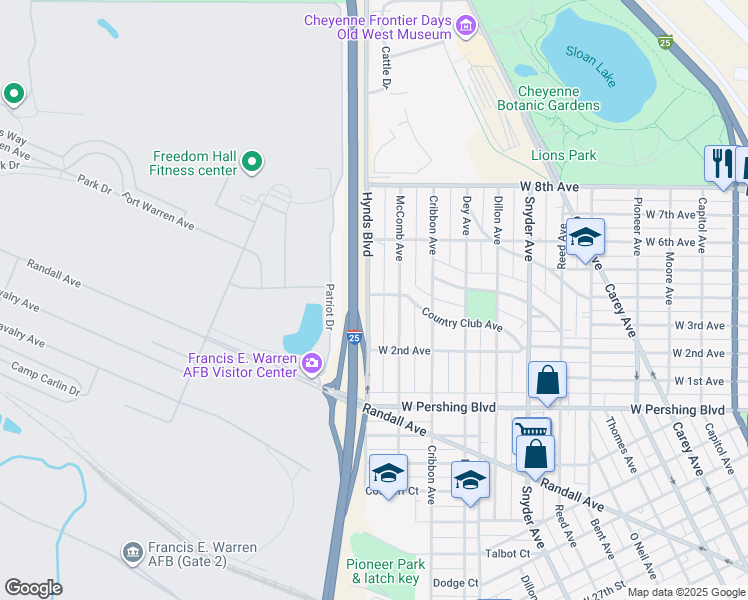 map of restaurants, bars, coffee shops, grocery stores, and more near 3583 Hynds Boulevard in Cheyenne