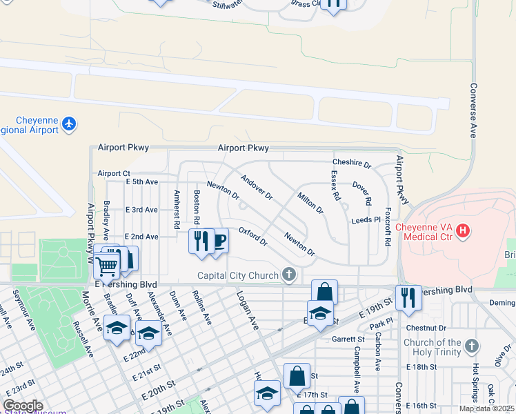 map of restaurants, bars, coffee shops, grocery stores, and more near 1764 Newton Drive in Cheyenne