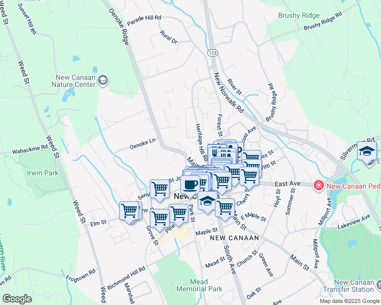 map of restaurants, bars, coffee shops, grocery stores, and more near 12 Main St in New Canaan